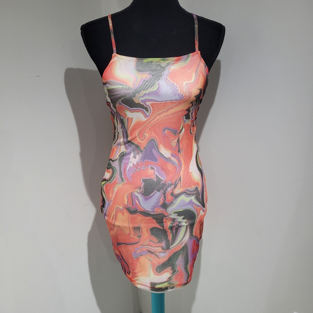 H&M Divided Womens Marble Print Bodycon Mini Dress Small Orange Colorful Y2K NWT